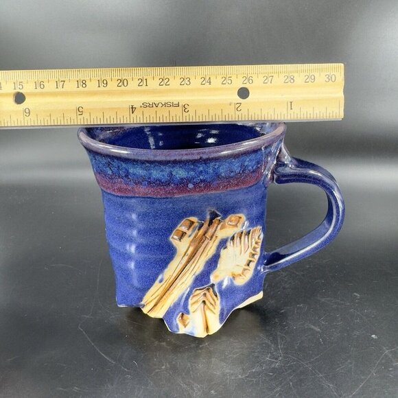 Hand Made Abstract Coffee Mug Cup Cobalt Blue Pottery Mug Artist Signed Bottom - Picture 6 of 16